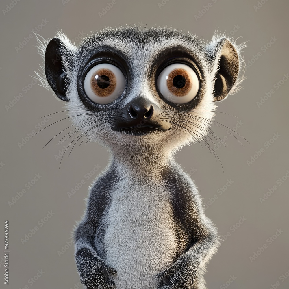 A detailed 3D lemur with its eyes wide open, standing A detailed 3D lemur with its eyes wide open, standing