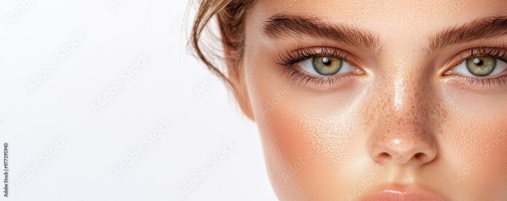 A fresh-faced beauty with glowing skin, her face isolated on a clean white background