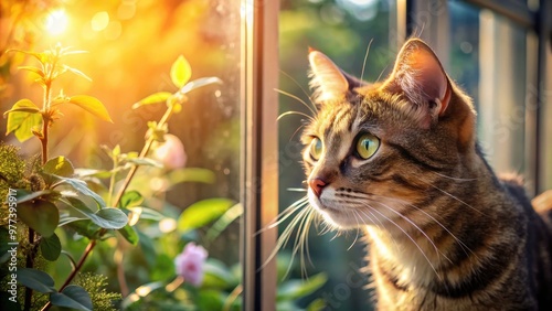 A curious cat's face pressed against a sunny windowpane, whiskers twitching, eyes fixed intently on something outside, surrounded by blurred botanicals and soft light. photo