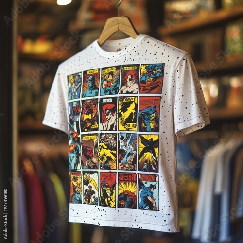 T-shirt dengan desain komik superhero berwarna-warni. photo