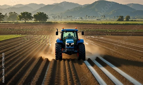 A modern tractor plowing a field