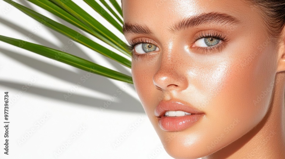 Glowing skin and natural beauty of a woman, close-up against a white background Glowing skin and natural beauty of a woman, close-up against a white background
