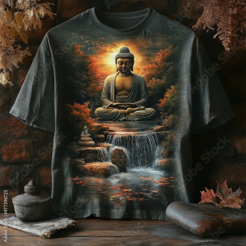 T-shirt dengan gambar patung Buddha di lingkungan alami yang damai. photo