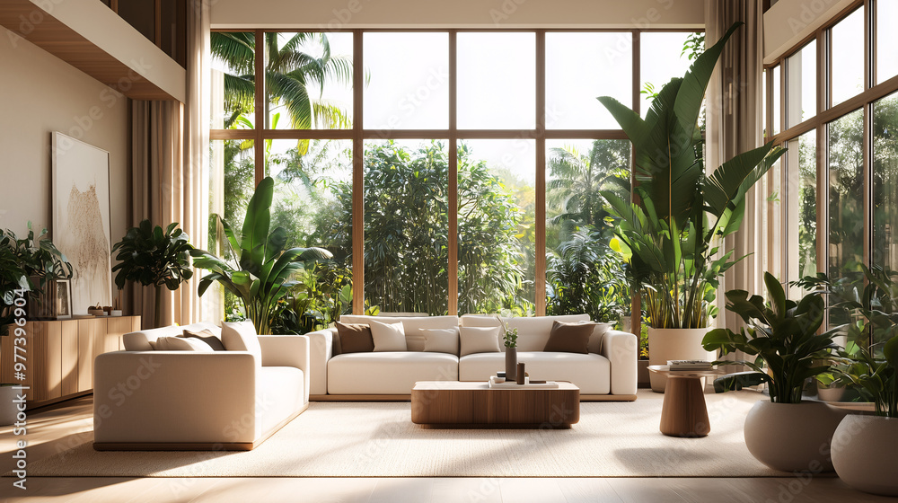 A bright, airy living room with large floor-to-ceiling windows, allowing natural light to flood the space. The room is filled with lush indoor plants, natural wooden furniture, and neutral-toned decor A bright, airy living room with large floor-to-ceiling windows, allowing natural light to flood the space. The room is filled with lush indoor plants, natural wooden furniture, and neutral-toned decor