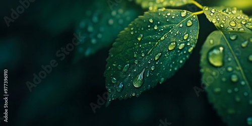 Close-up of rain droplets on a green leaf in a dark green forest during the rainy season