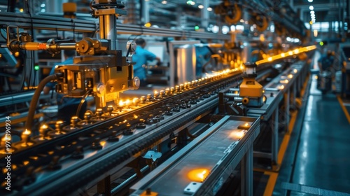 The production line at the factory. Empty conveyor belt in the warehouse