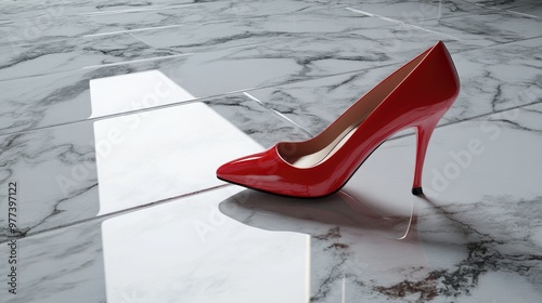 A red high heel shoe resting on a marble floor photo