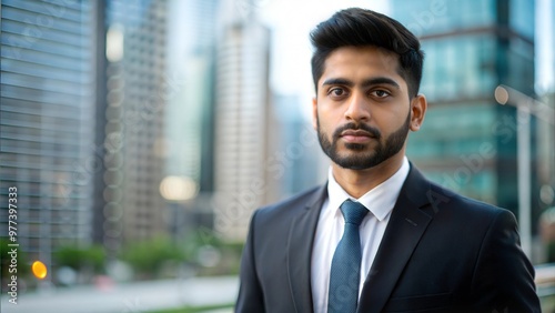 Determined Indian Business Executive Outdoors - A young Indian executive standing resolutely in front of a cityscape. 