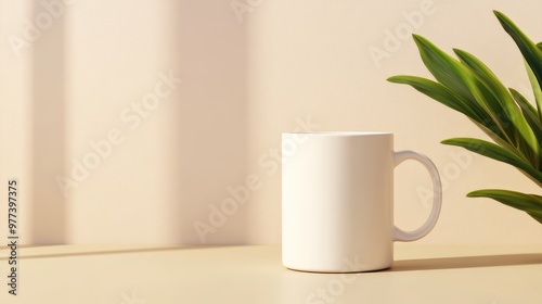 Stylish product mockup for a coffee mug, clean beige background, soft natural light, minimalist magazine style