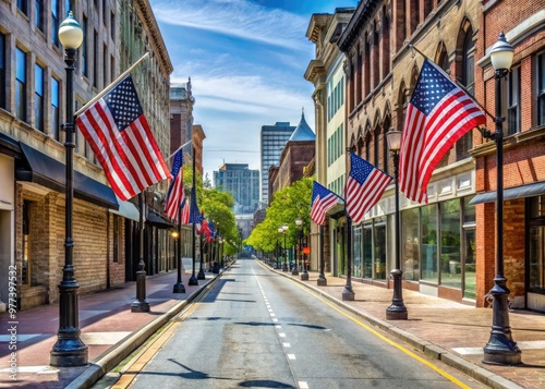 A deserted streetscape in a major American city during the COVID-19 pandemic, with empty sidewalks, closed shops, and flags waving in the wind. photo