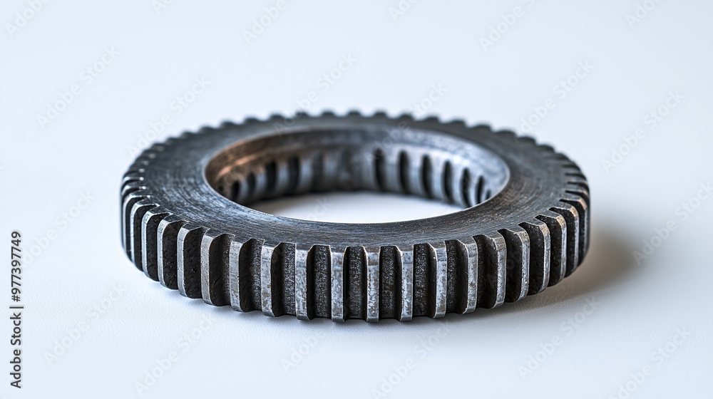 A single metal gear wheel is displayed on a light background, representing mechanical engineering, precision, and industrial technology. A single metal gear wheel is displayed on a light background, representing mechanical engineering, precision, and industrial technology.