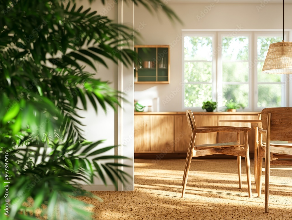 Naklejka premium Openconcept living space with cork flooring, natural wooden accents, and greencertified furniture, sustainable renovation, earthy and warm tones