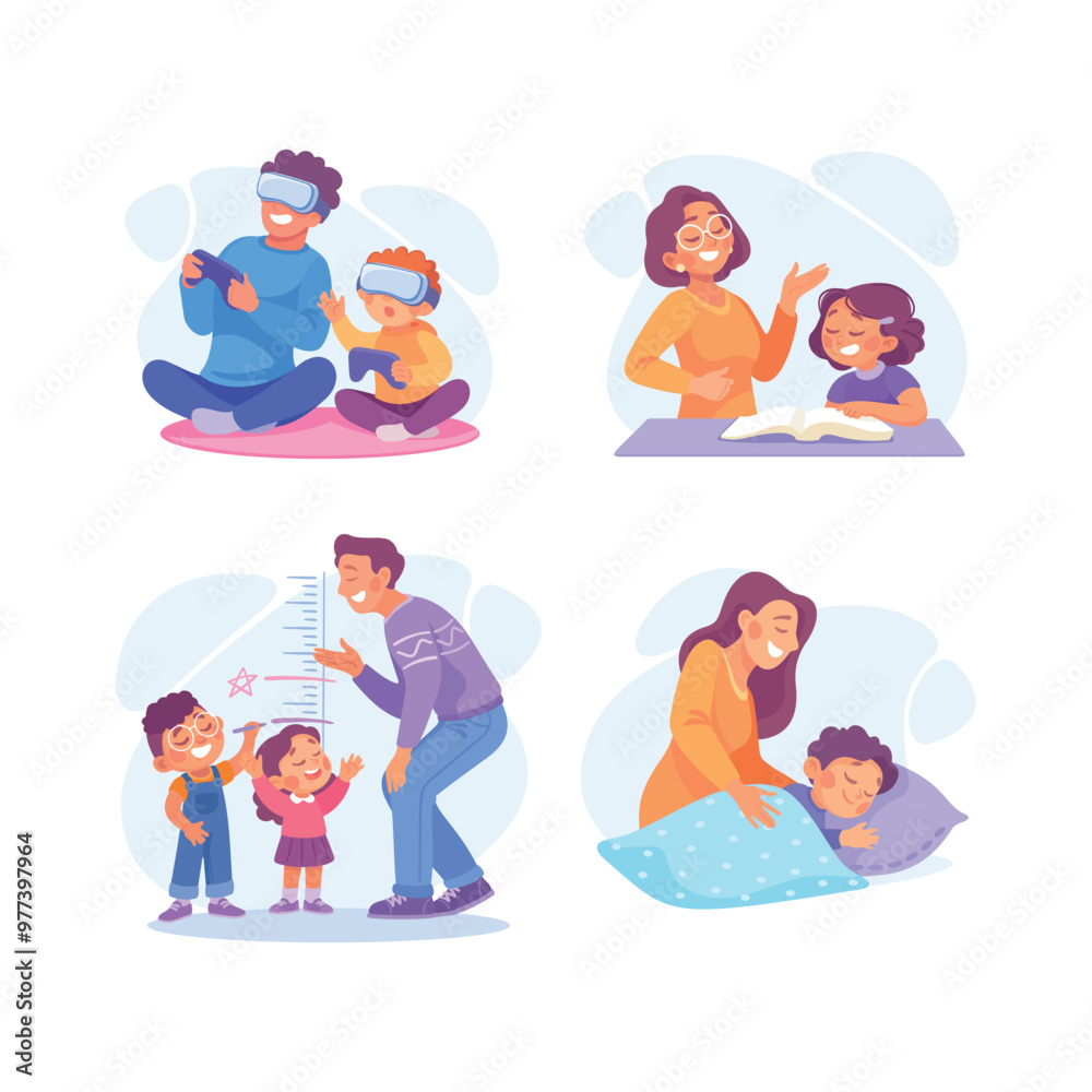 Homework with Parent and Kid Engaged in Home Activity Vector Set Homework with Parent and Kid Engaged in Home Activity Vector Set