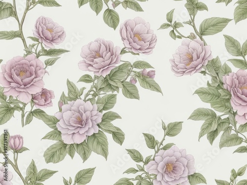 Wallpaper Mural background with a seamless pattern that showcases a selection of old botanical drawings with softly colored flowers and leaves. Torontodigital.ca