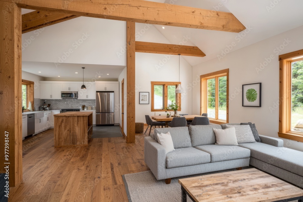 Fototapeta premium Sustainable home interior with reclaimed wood beams, low VOC paint, and ecoconscious materials, rustic and modern fusion, green renovation