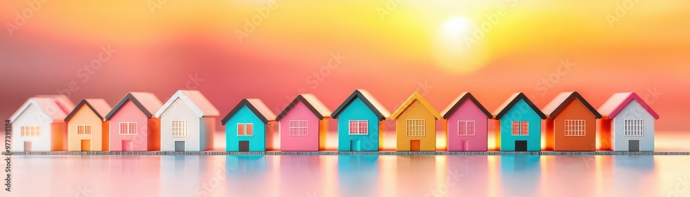 Colorful miniature houses lined up by a serene sunset, creating a vibrant and cheerful atmosphere for home and community themes. Colorful miniature houses lined up by a serene sunset, creating a vibrant and cheerful atmosphere for home and community themes.
