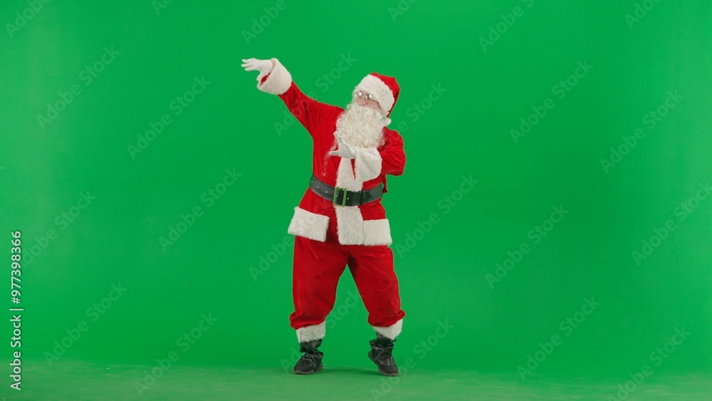 Portrait of man dressed as Santa on chroma key green screen background. Santa Claus in red suit dancing funny. Portrait of man dressed as Santa on chroma key green screen background. Santa Claus in red suit dancing funny.