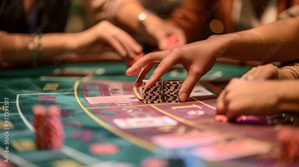 Placing Chips on Baccarat Table: Hands placing chips on a baccarat table, cards dealt and bets being placed.
