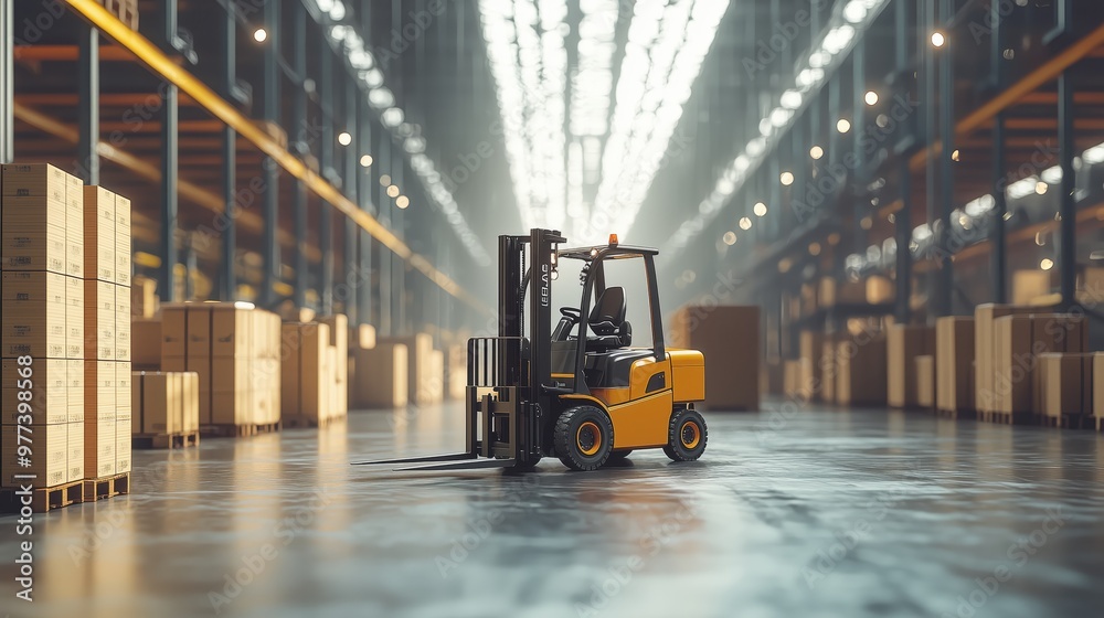 A yellow forklift transports boxes through a large, well-lit warehouse, emphasizing logistics, storage, and material handling. A yellow forklift transports boxes through a large, well-lit warehouse, emphasizing logistics, storage, and material handling.