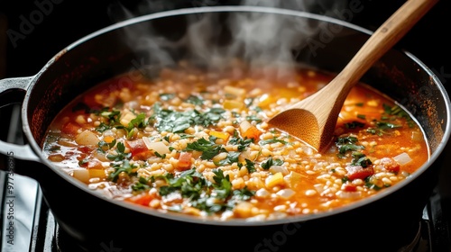 14. A close-up of a bubbling pot of homemade soup on a stove, with fresh herbs and vegetables visible, steam rising and a wooden ladle stirring the flavorful broth. photo