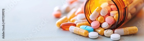 Colorful pills scattered next to a prescription bottle on a smooth surface, representing healthcare and medication. photo