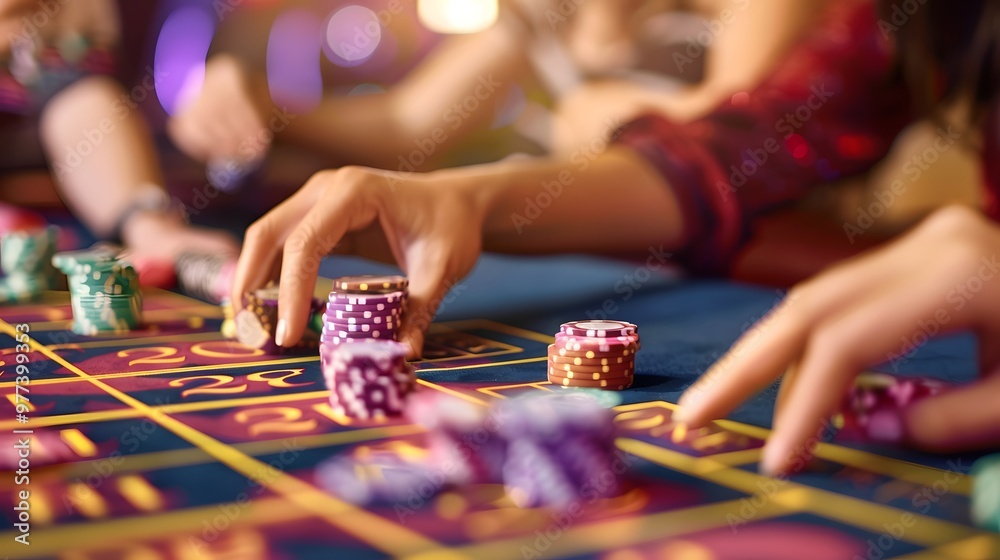 Placing Chips on Baccarat Table: Hands placing chips on a baccarat table, cards dealt and bets being placed.
Placing Chips on Baccarat Table: Hands placing chips on a baccarat table, cards dealt and bets being placed.