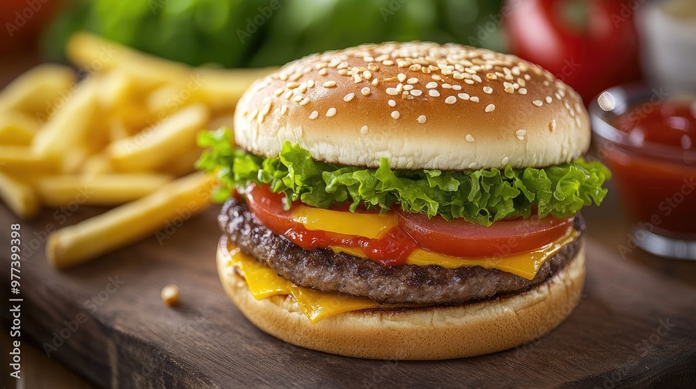 A table with a hamburger and fries. A table with a hamburger and fries.