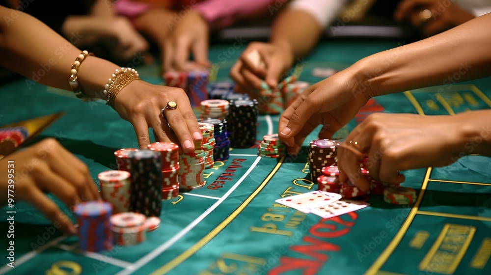 Placing Chips on Baccarat Table: Hands placing chips on a baccarat table, cards dealt and bets being placed.
Placing Chips on Baccarat Table: Hands placing chips on a baccarat table, cards dealt and bets being placed.