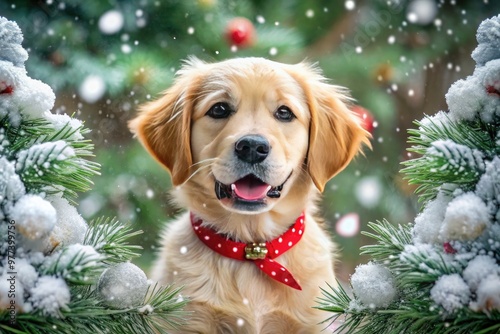 Adorable golden retriever puppy wearing a red festive collar with snowflakes surrounded by snow-covered evergreen branches, capturing a joyful winter wonderland scene.