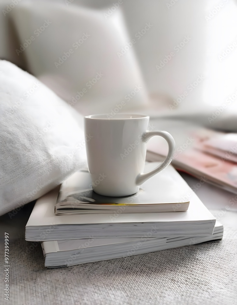 A tea cup next to magazines on a soft blanket, creating a cozy, inviting atmosphere. A tea cup next to magazines on a soft blanket, creating a cozy, inviting atmosphere.
