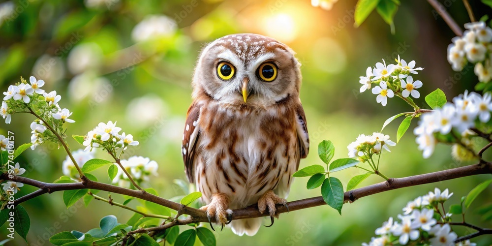 Adorable owl perches on a branch, its big round eyes shining bright, surrounded by lush green leaves and delicate white flowers in soft natural light. Adorable owl perches on a branch, its big round eyes shining bright, surrounded by lush green leaves and delicate white flowers in soft natural light.