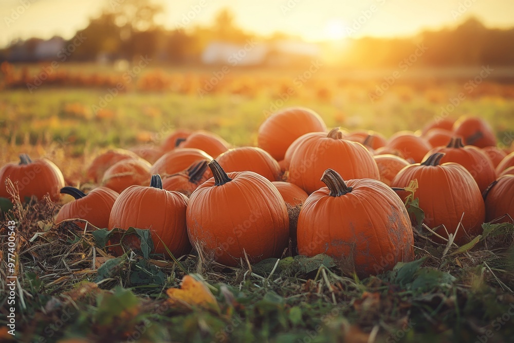 Pumpkins resting in the grass at sunset on a farm during autumn harvest season Pumpkins resting in the grass at sunset on a farm during autumn harvest season