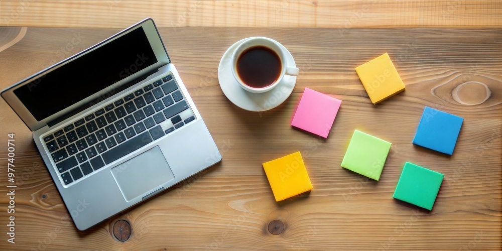 Laptop, creative workspace, work atmosphere, wooden table, coffee, sticky notes, color