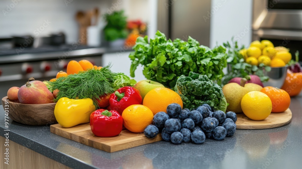 Colorful fruits and vegetables arranged on a kitchen island Colorful fruits and vegetables arranged on a kitchen island