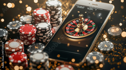 Smartphone displaying roulette game among casino chips at night