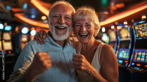 Happy seniors celebrating a win at a casino during the evening