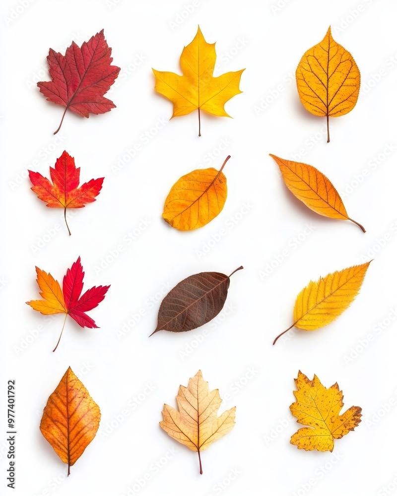 Colorful autumn leaves from above on a white background depicting fall foliage in vibrant hues Colorful autumn leaves from above on a white background depicting fall foliage in vibrant hues