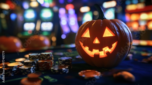 Jack-o'-lantern on casino table surrounded by poker chips at night photo