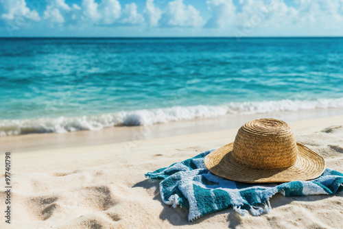 Straw hat resting on towel on idyllic tropical beach