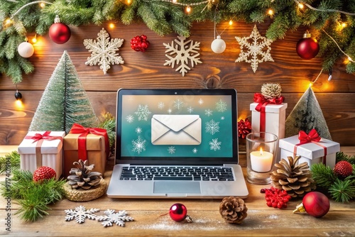 A festive holiday-themed laptop screen displays a joyful seasonal email with snowflakes, holly, and ornaments, surrounded by presents, candles, and a miniature Christmas tree. photo