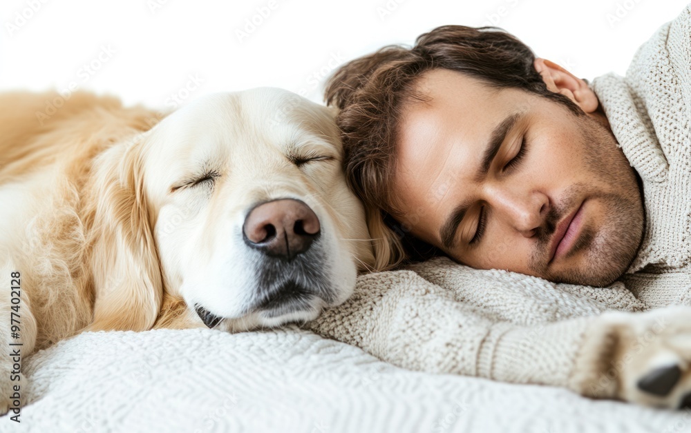 Dog companionship, resting next to owner, white background, isolate Dog companionship, resting next to owner, white background, isolate