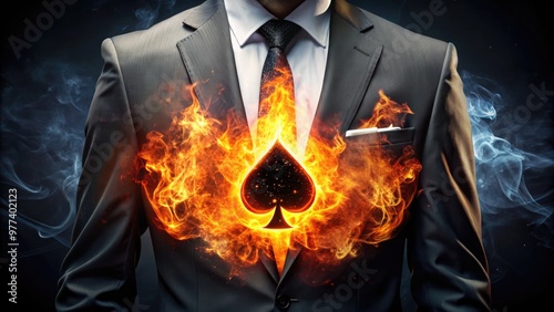 A fiery blazing poker card with a flaming suit symbol is dramatically illuminated against a dark background, evoking risk, passion, and high-stakes competition. photo