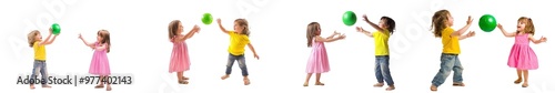 Various views of two cheerful kids throwing and catching balls on a white background. Two beautiful sisters playing and laughing together.