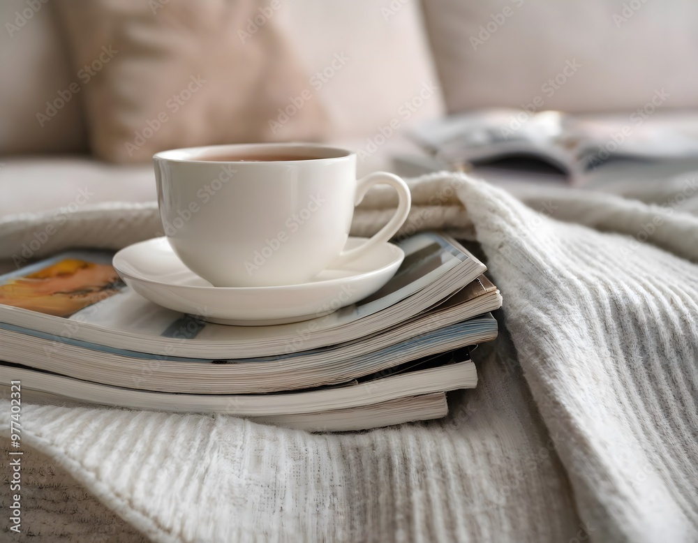 A tea cup next to magazines on a soft blanket, creating a cozy, inviting atmosphere.