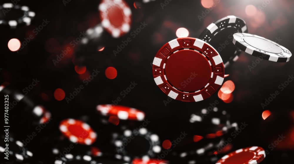 Flying poker chips in the air during an exciting casino night Flying poker chips in the air during an exciting casino night