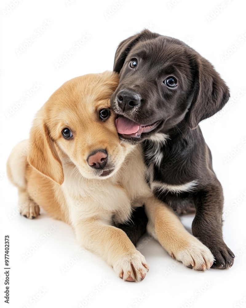 Dog friendship, two dogs playing together, white background, isolate Dog friendship, two dogs playing together, white background, isolate
