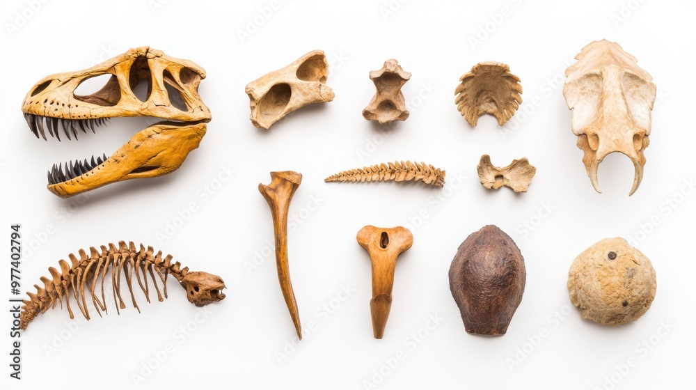 Fototapeta premium Assorted Dinosaur Fossils and Bone Fragments on White Background