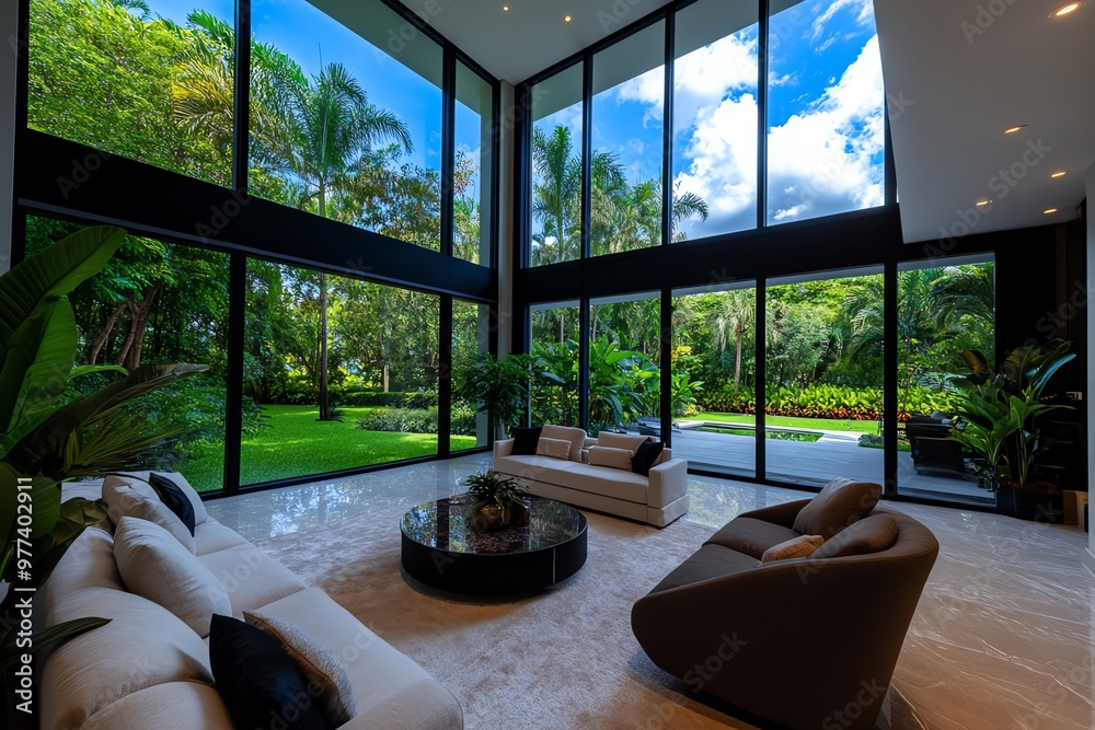 Fototapeta premium A living room with floor-to-ceiling windows, overlooking a lush garden, filled with natural light and greenery