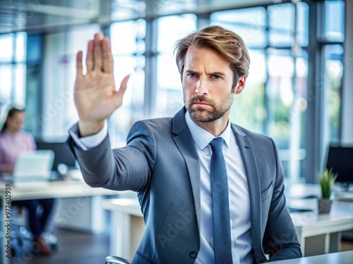 A frustrated businessman raises his hand in a stopping gesture, halting action, as he stands in a modern office environment with blurred background elements. photo