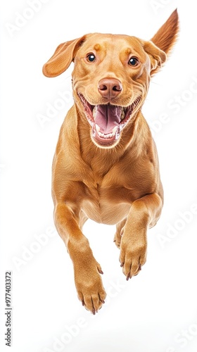 Dog running happily, isolated on white background, representing playful energy and companionship